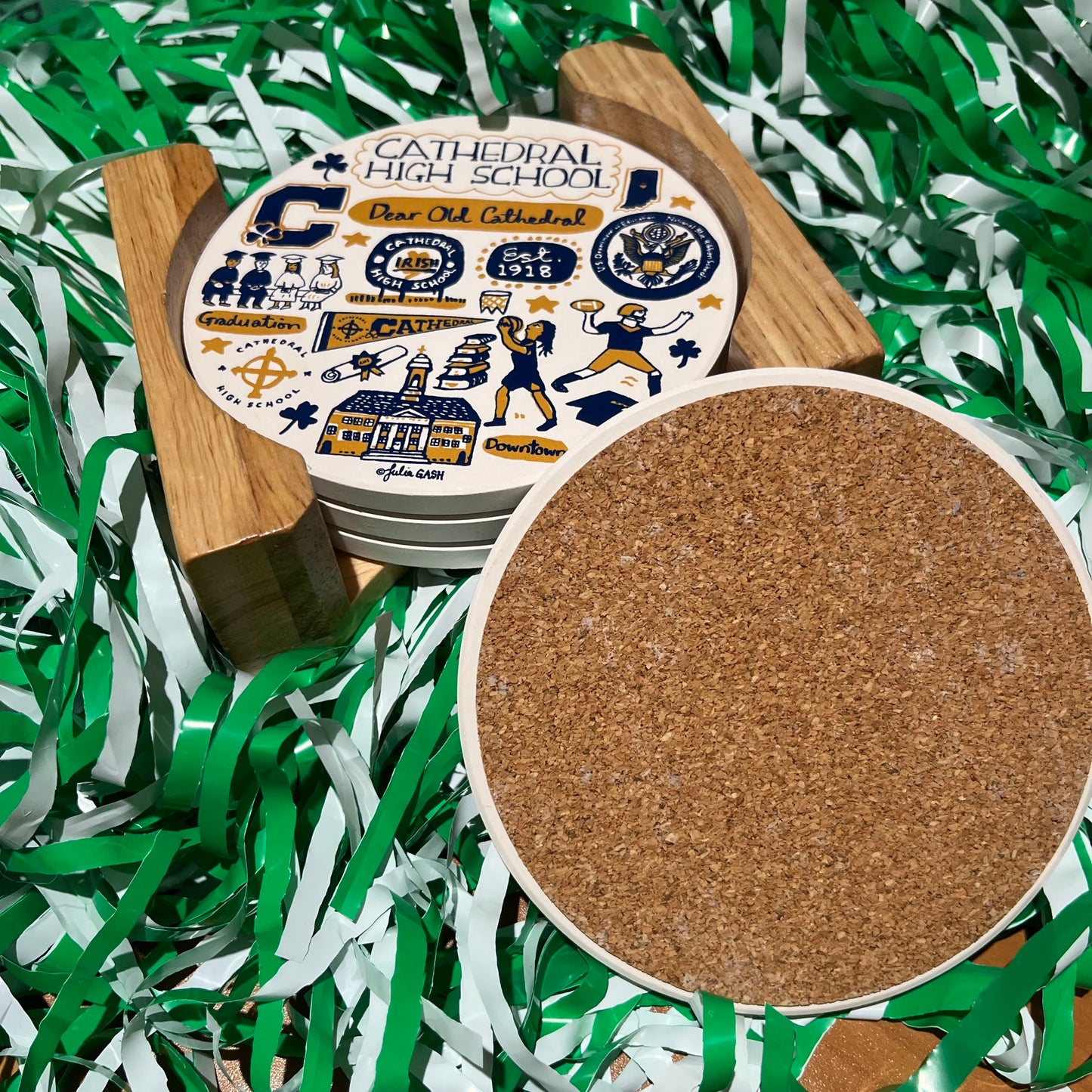 4 Pack Round Stone Coasters with Wood Holder